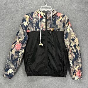 QINA YUGN SHUI Jacket Unisex Small Black Floral Full Zip Hooded Windbreaker